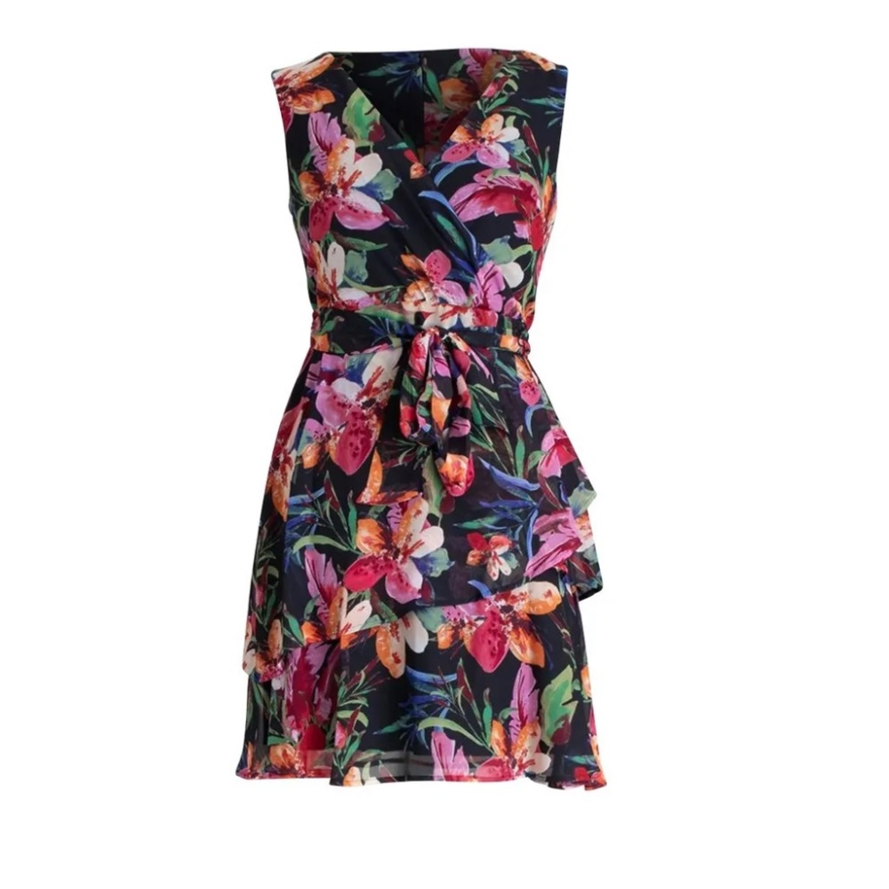 CONNECTED APPAREL Black Chiffon Tie Tiered Sleeveless Fit + Flare Dress size 14